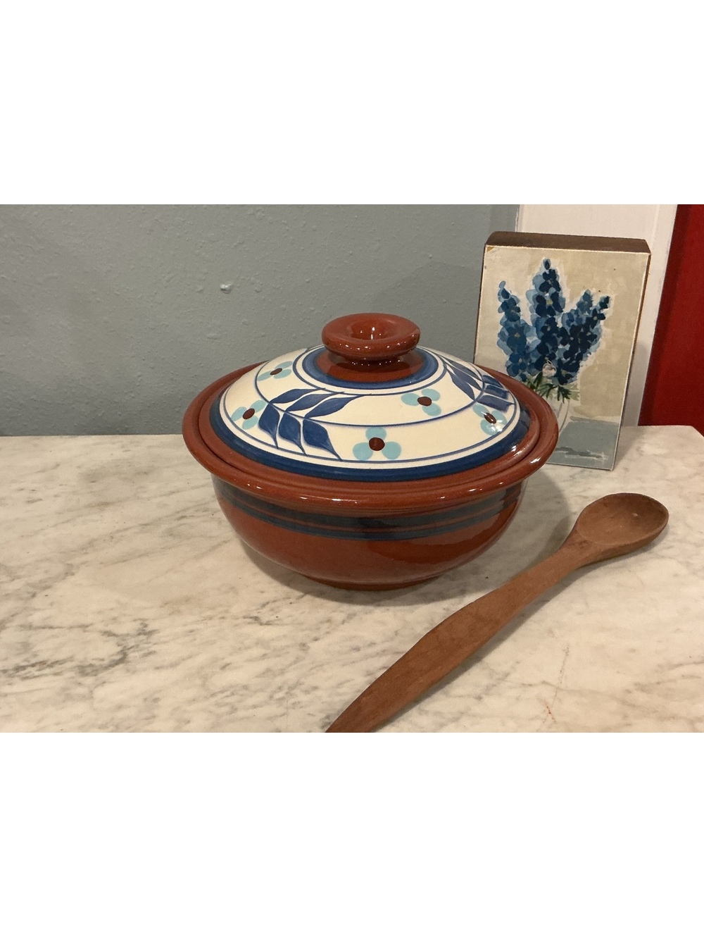 Vintage Mexican Tonala Terracotta Covered Casserole, Blue Floral, Lidded